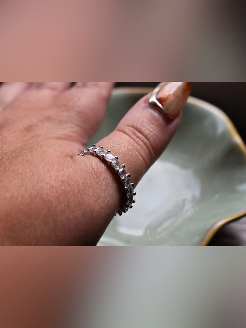 Size 8 Silver Tone Baguette CZ Eternity Band Ring Sparkly Full Eternity Ring